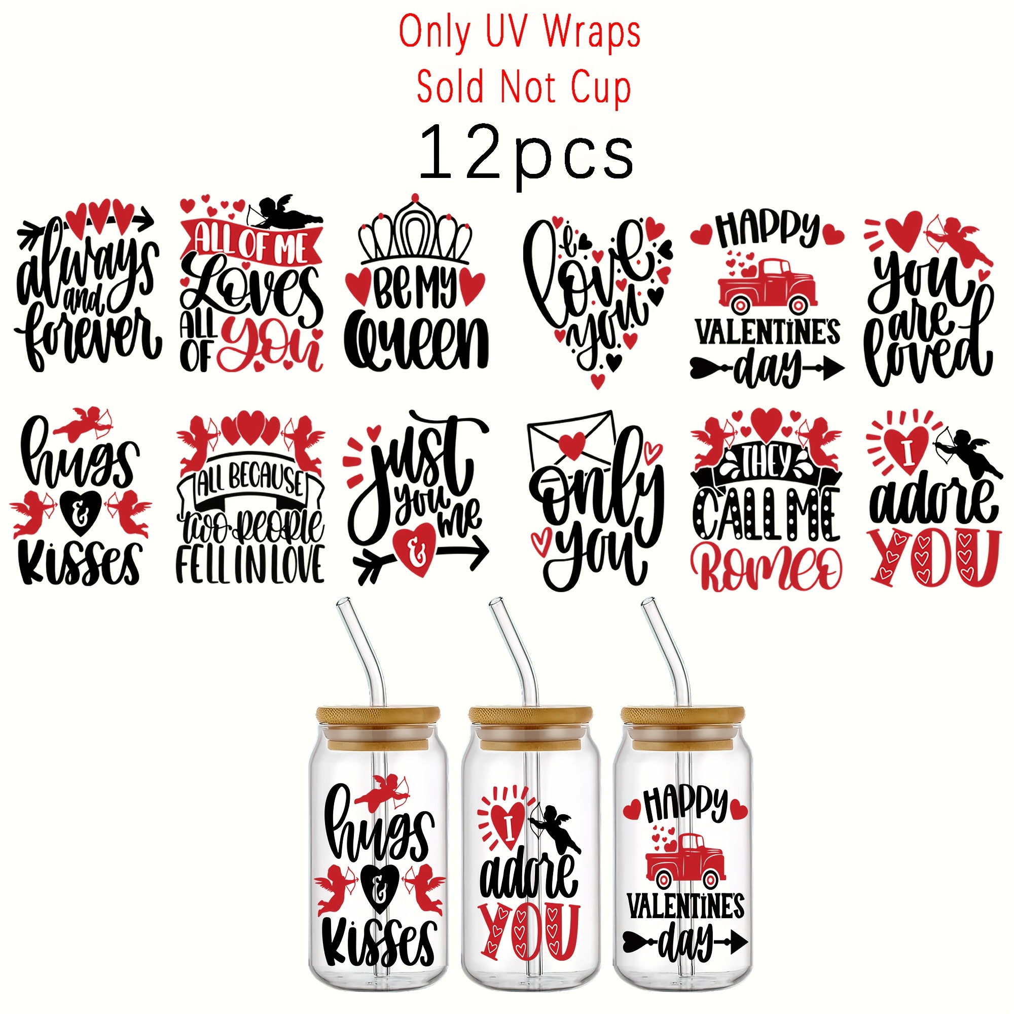 

Positive Valentines Day Uv Dtf Cup Stickers 12pcs - Waterproof Decorative Stickers For Mugs, Cups, Bottles, School Supplies, Arts And Crafts, Diy Art Supplies - Easy To Apply,