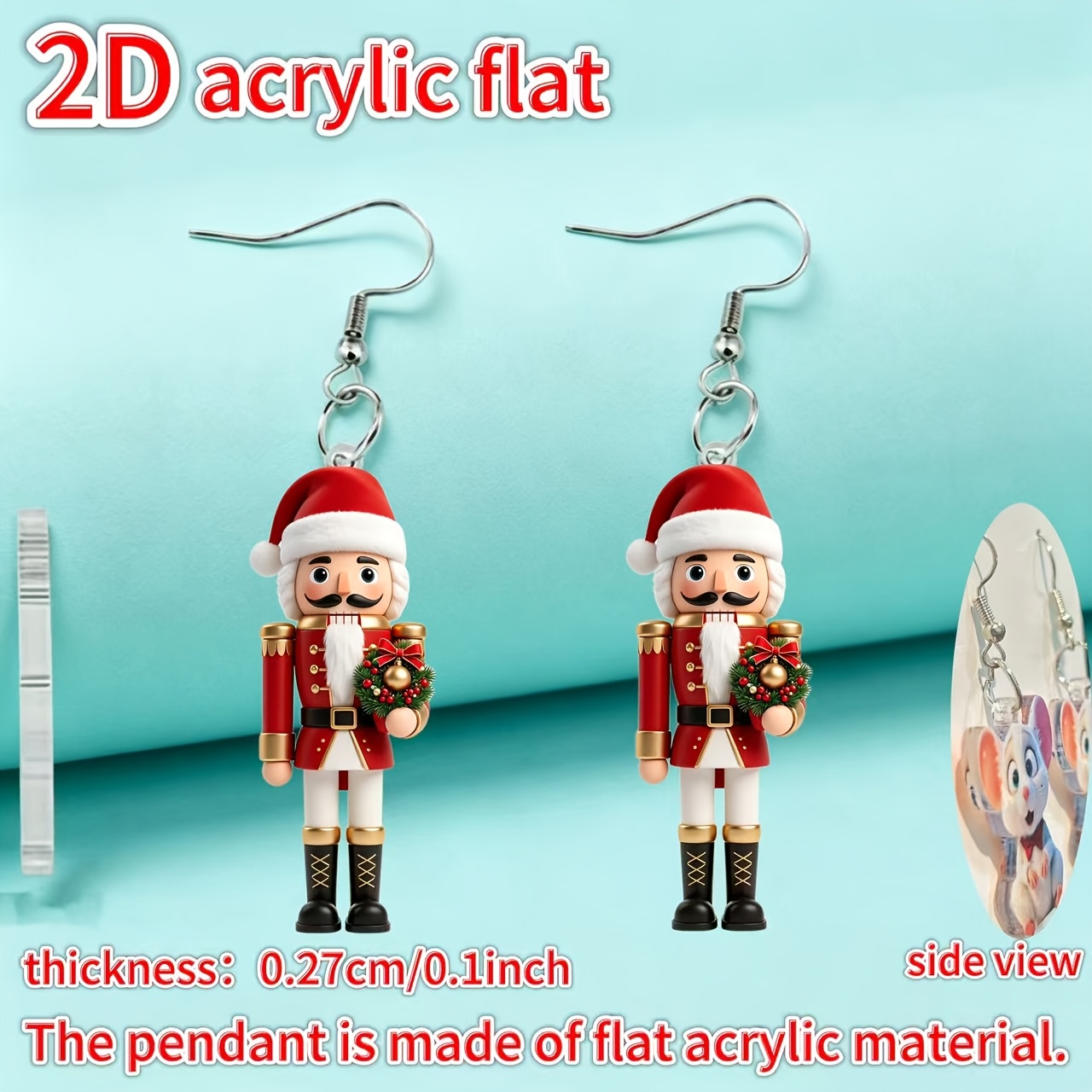 2D Flat Nutcracker Design Earrings, Cute Christmas Jewelry