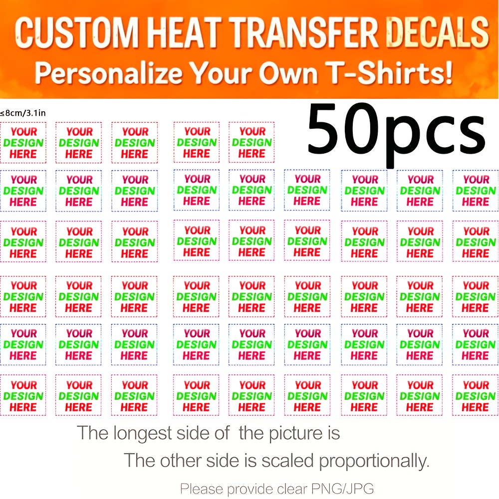 TEMU 50pcs Stickers de Transfert Thermique avec Logo Personnalisé - Décoration Personnalisée pour T-shirts, Vêtements, Tissus - Patchs Thermocollants