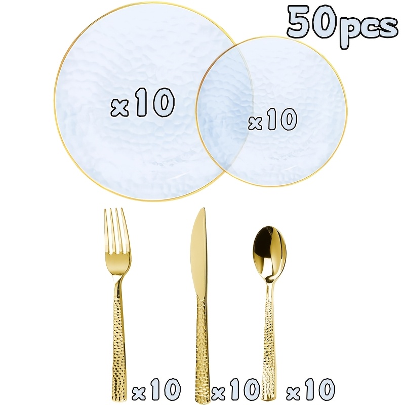 TEMU 50pcs Blue Transparent Plastic Tableware Set, Suitable For 10 Guests - Exquisite Transparent Blue Disposable Plastic Plates With Golden Trimming