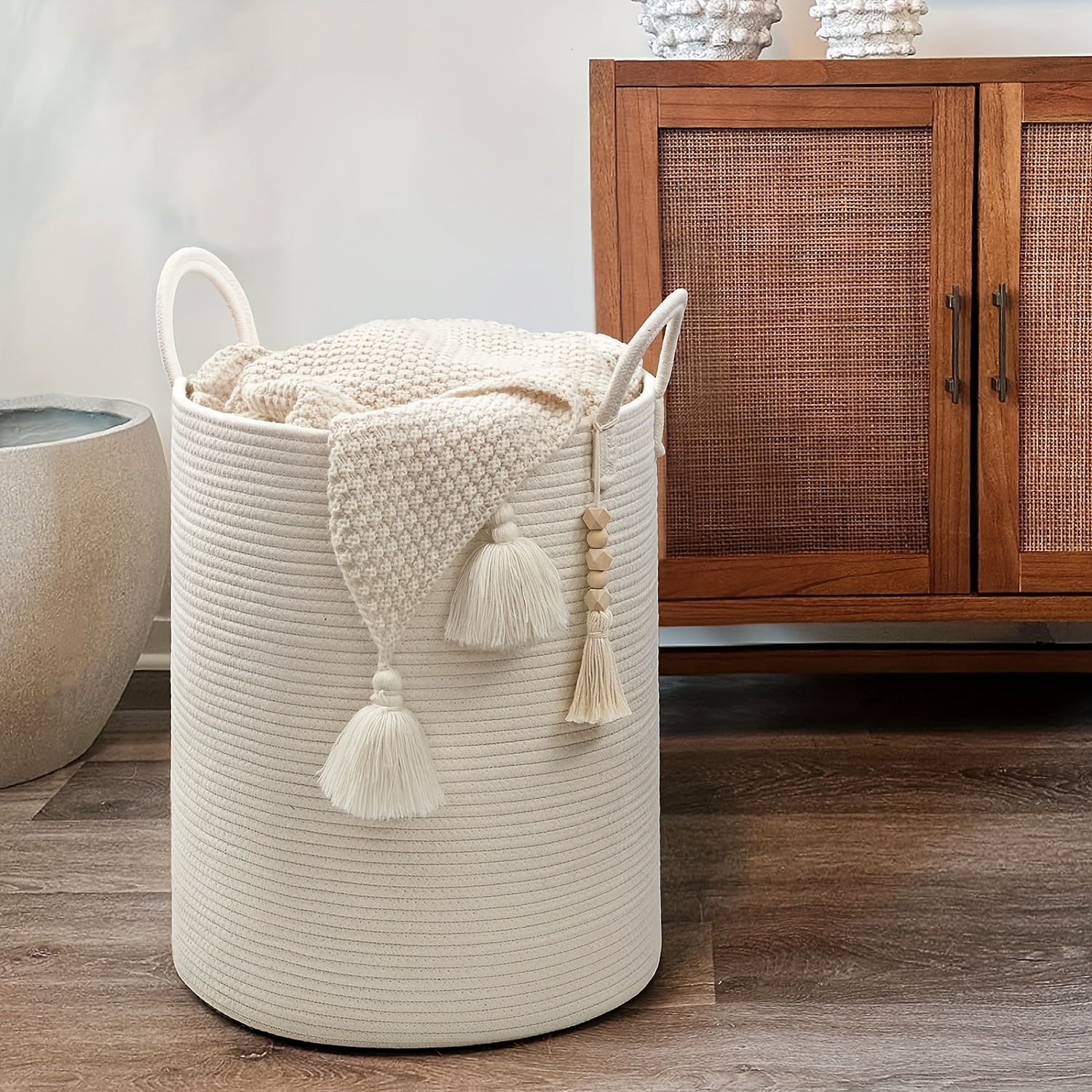 Large 65L Woven Rope Laundry Basket, Tall Hamper for Storing Dirty Clothes, Blankets, And, Ideal for Organizing in Bedrooms And Living Rooms - Collapsible - Beige, Shelf Baskets