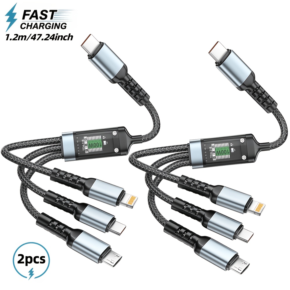 TEMU Mpatiby 2pcs 1.2m/47.24inch 3in 1 Usb-c Fast Charging Cable With Type-c, Micro Usb, Ip Port Compatible With Multiple Devices, A Line, Home,