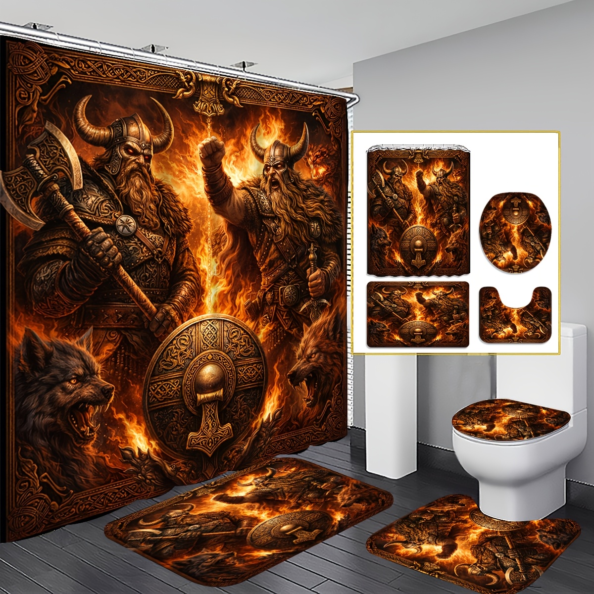 TEMU 2d Flat, 4pcs 2d Flat Shower Curtain Set, And Armored Bathroom Decor, Additions With, U-shaped, Toilet Lid Cover, 12 Hooks 180x180cm Curtain,
