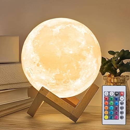 16 color rgbw lamp with remote control wooden stand 3d printed night light usb powered bedside lighting 6 1 inch realistic moon design for bedroom room decor birthday gifts for women moms friends plastic construction