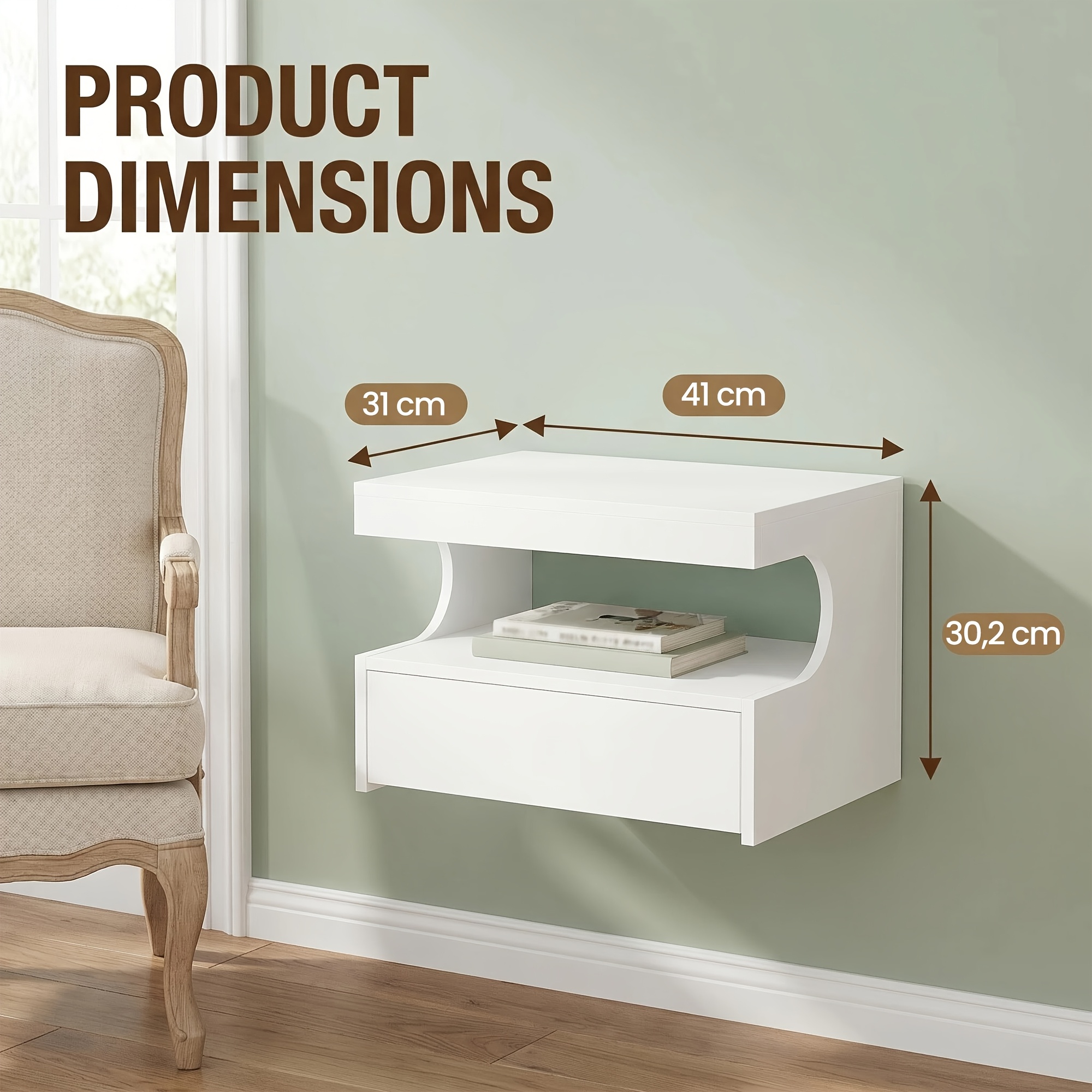 Image of Floating Bedside Table With 1 Drawer And Open U-shaped Shelf, White Makes Small Bedrooms Look Bigger And Tidier Set Of 2