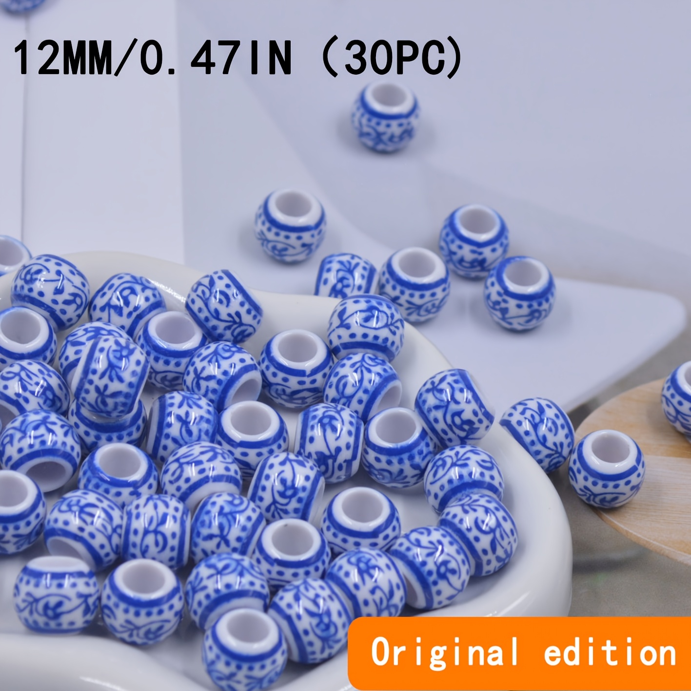 TEMU 30pcs 12mm Pan Da Kong Blue And White Beads For Phone Straps, Bracelets, Necklaces, Sweater Chains, Making, Loose Round Acrylic Beads,