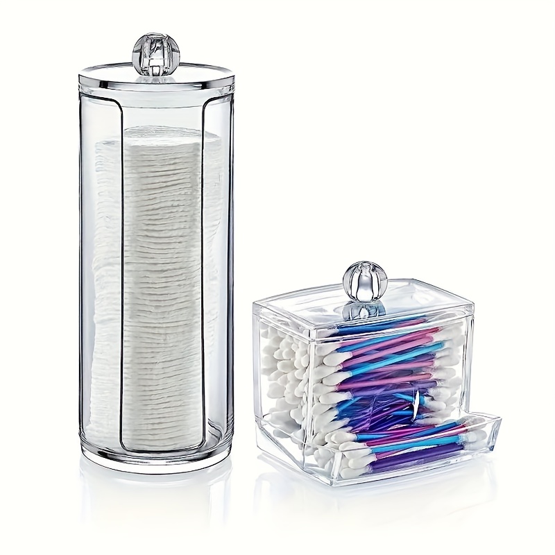 Image of 2pcs Transparent Jar & Lid Storage Containers - Plastic Bathroom & Vanity Organizer With Swab & Makeup Pad Holder, For Buds, Skincare Routine, Space- Container Suitable For, Travel, Salon