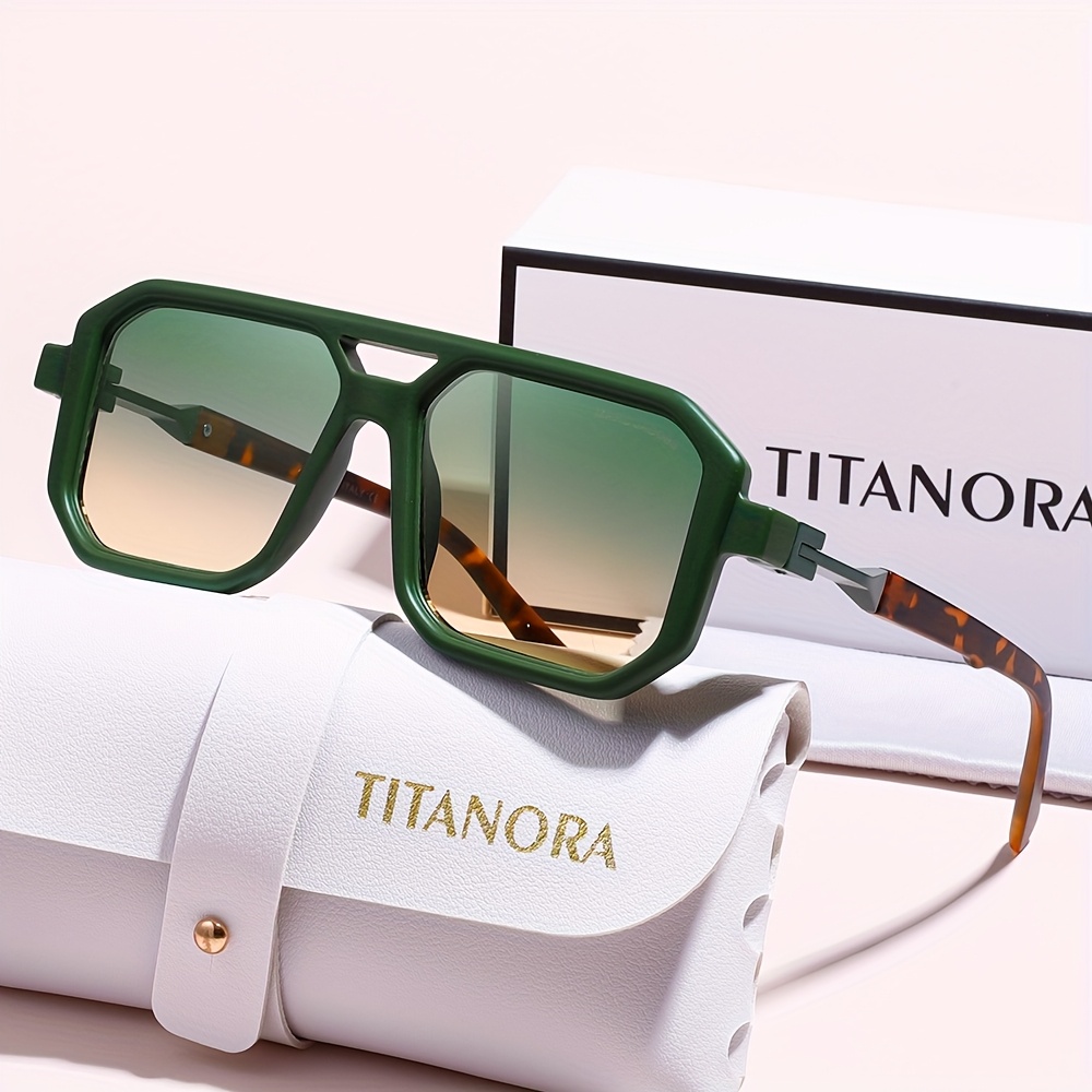 titanora unisex square frame fashion glasses   retro style with green tinted decorative lenses polycarbonate lightweight design   microfiber cloth case perfect matching couple eyewear stylish accessories vintage design stylish hinges trendy individuals green 7