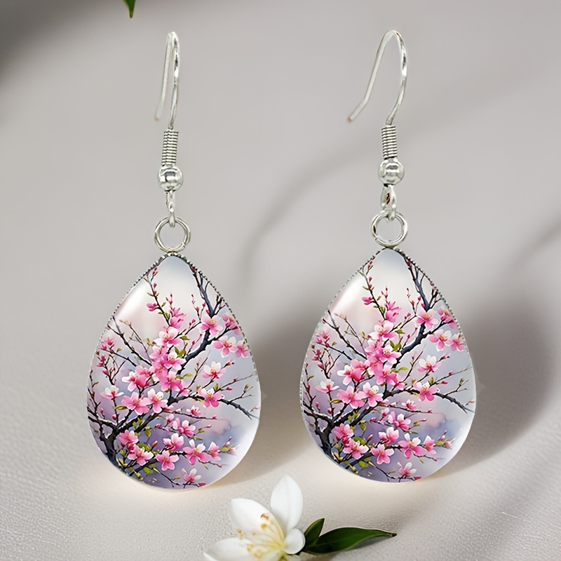 Beautiful Peach Flowers Fish Hook Earrings Time Stainless Steel Dangle Earrings