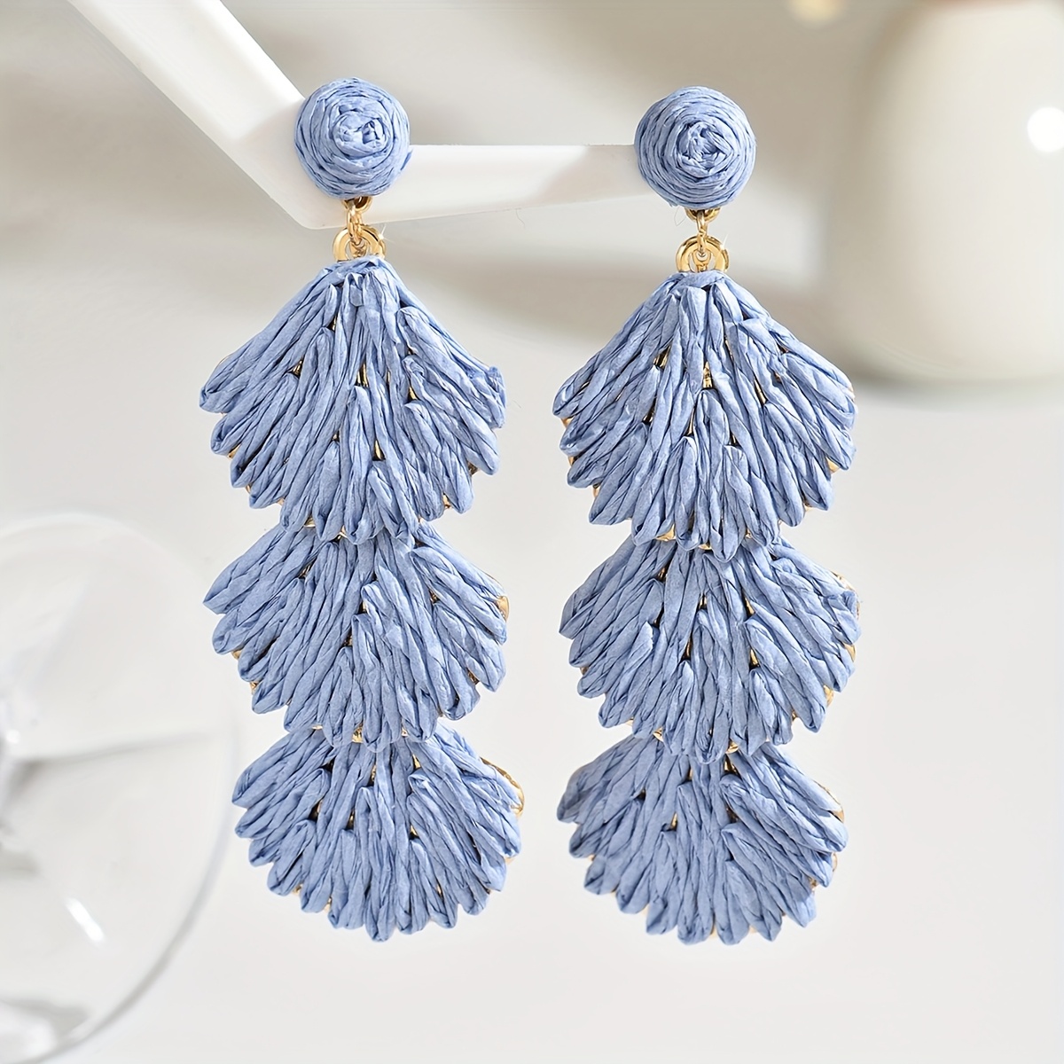 TEMU 1 Pair Of Bohemian Beach Multicolor Hand-woven Raffia And Seashell Long Drop Earrings, Summervintage Niche Design, Elegant, Versatile, And Minimalist Dangle Earrings, Valentine's Day, ,