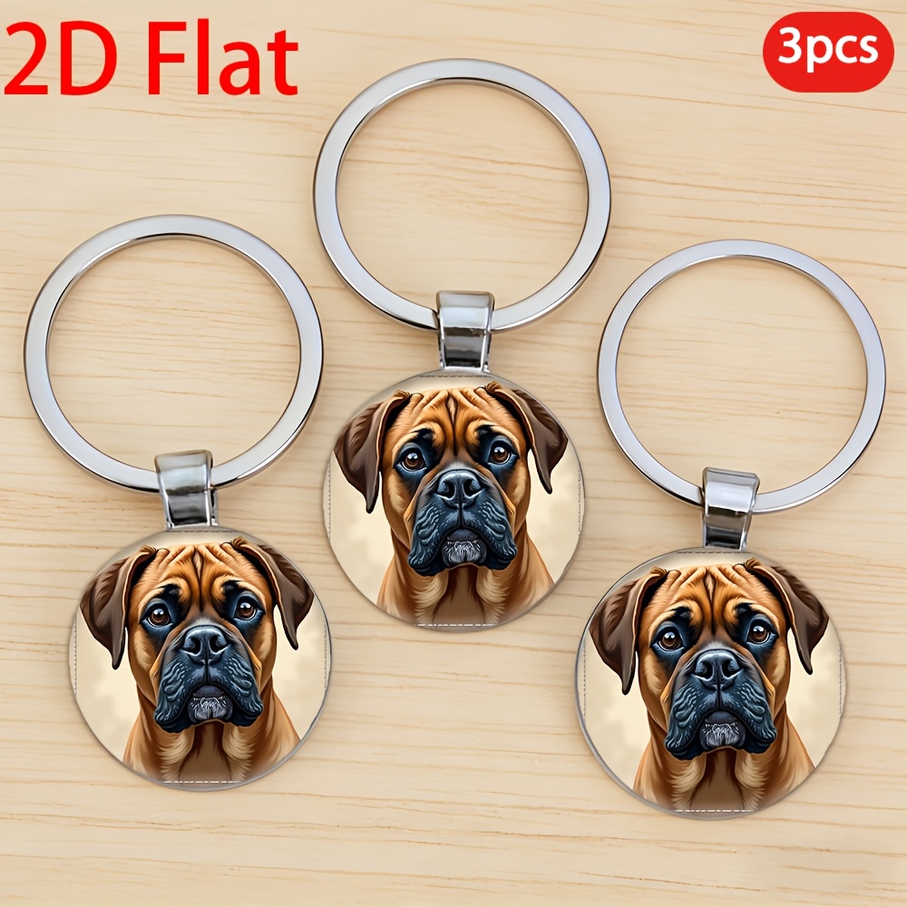 TEMU 2d Flat, 3pcs, Key Ring, Keychain, Cartoon-style Boxer Dog Portrait, Themed Round Key Holder, , Used For Keys, Backpack Decoration, Key Storage,