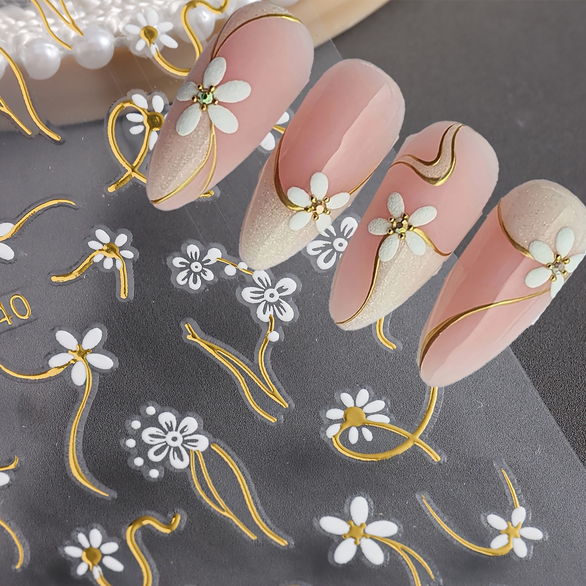 Set Of 2 / White Floral Golden Wave Stickers, Suitable For Professional Nail Salons And Enthusiasts, Trendy French Manicure Similar To Instagram , Easy And Elegant Self-adhesive, Bridal Nail Additions