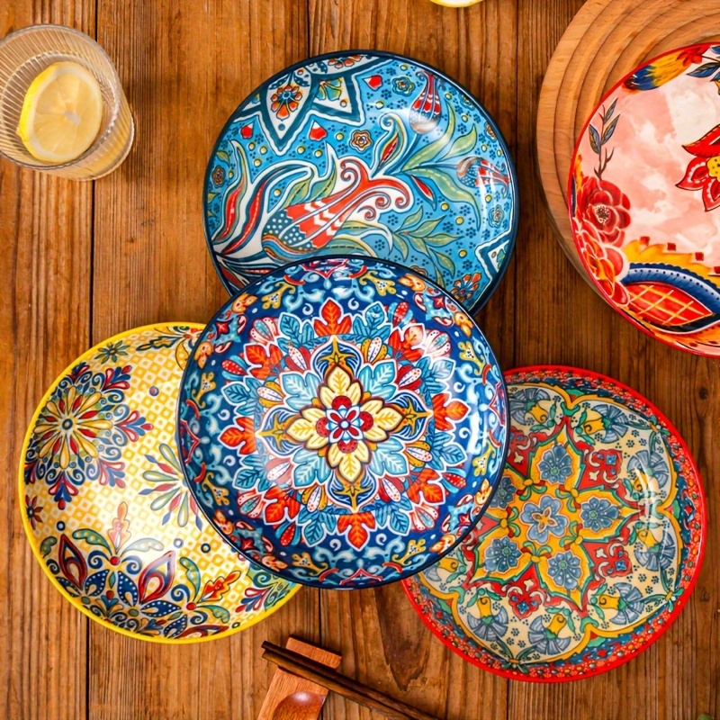 

4pcs 8-inch Bohemian Ceramic Plates With High Aesthetic Value, Dishes, Fruit Plates, Steak Plates, Deep Plates, Disc Tableware