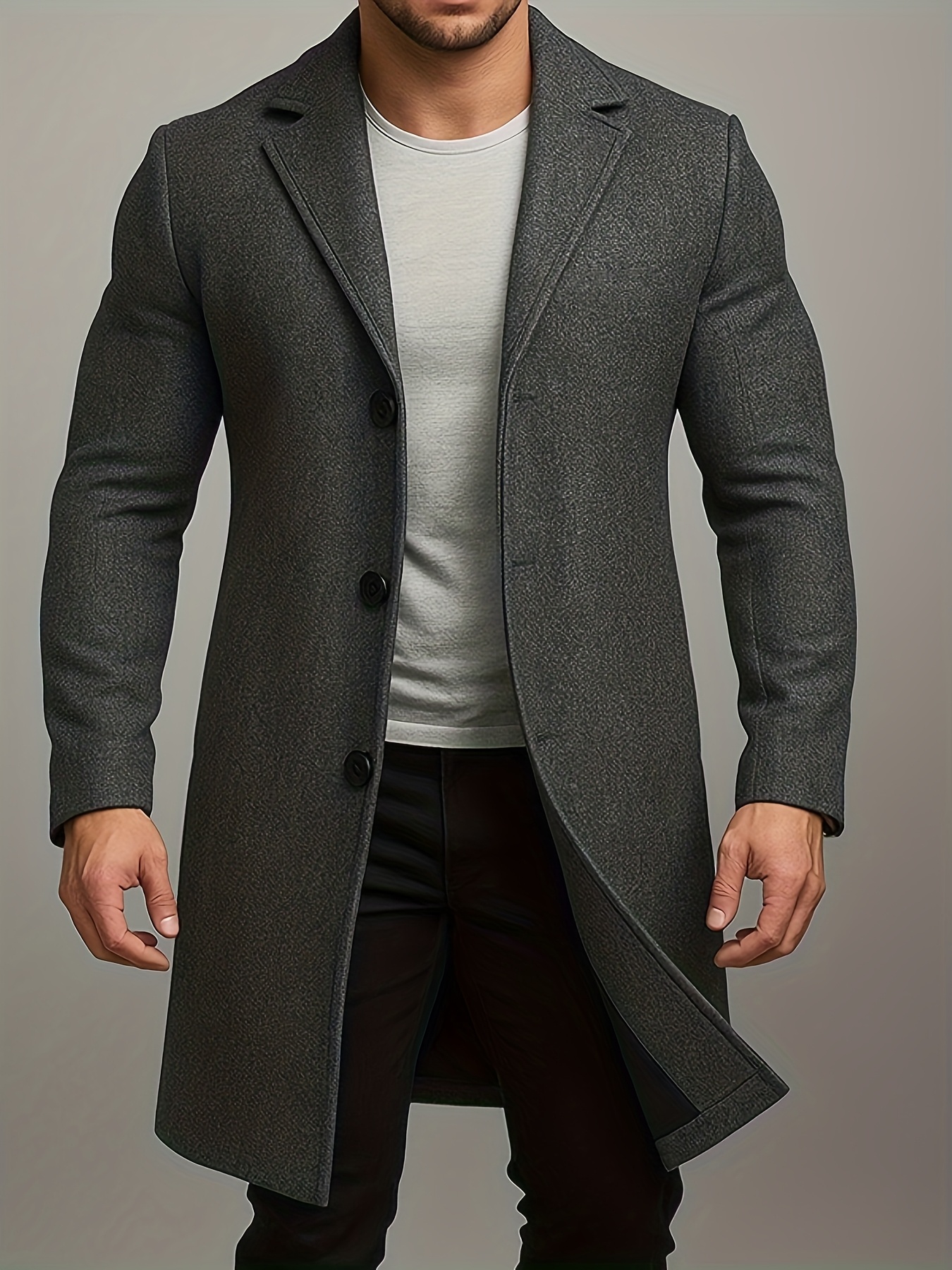mens   length single breasted tweed overcoat mens solid color trench coat Product details 6