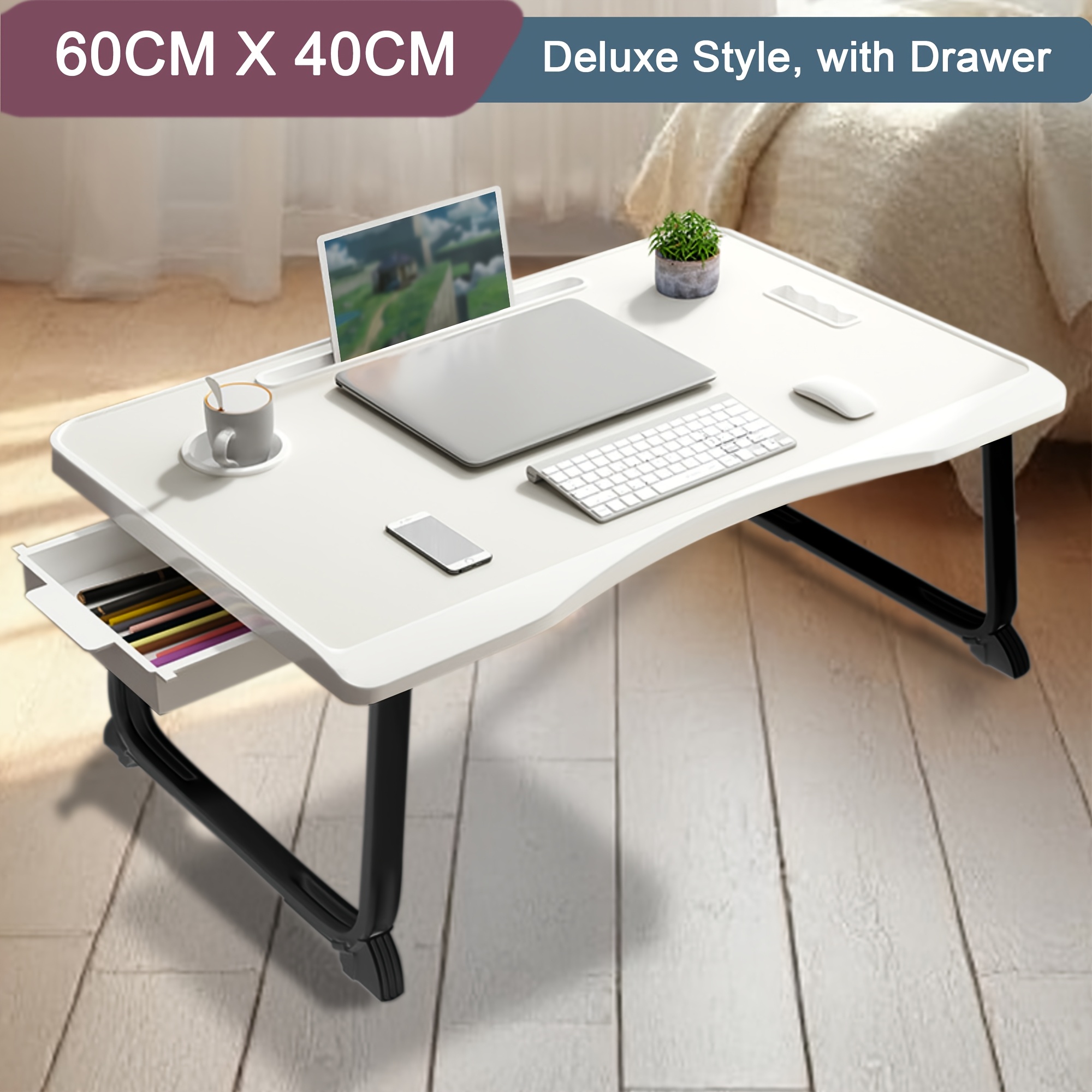 Portable Table For Laptops Designed For Use In Bed, Featuring Foldable Legs, A Tablet Holder, And A Cup Holder, Ideal For Working Or Breakfast