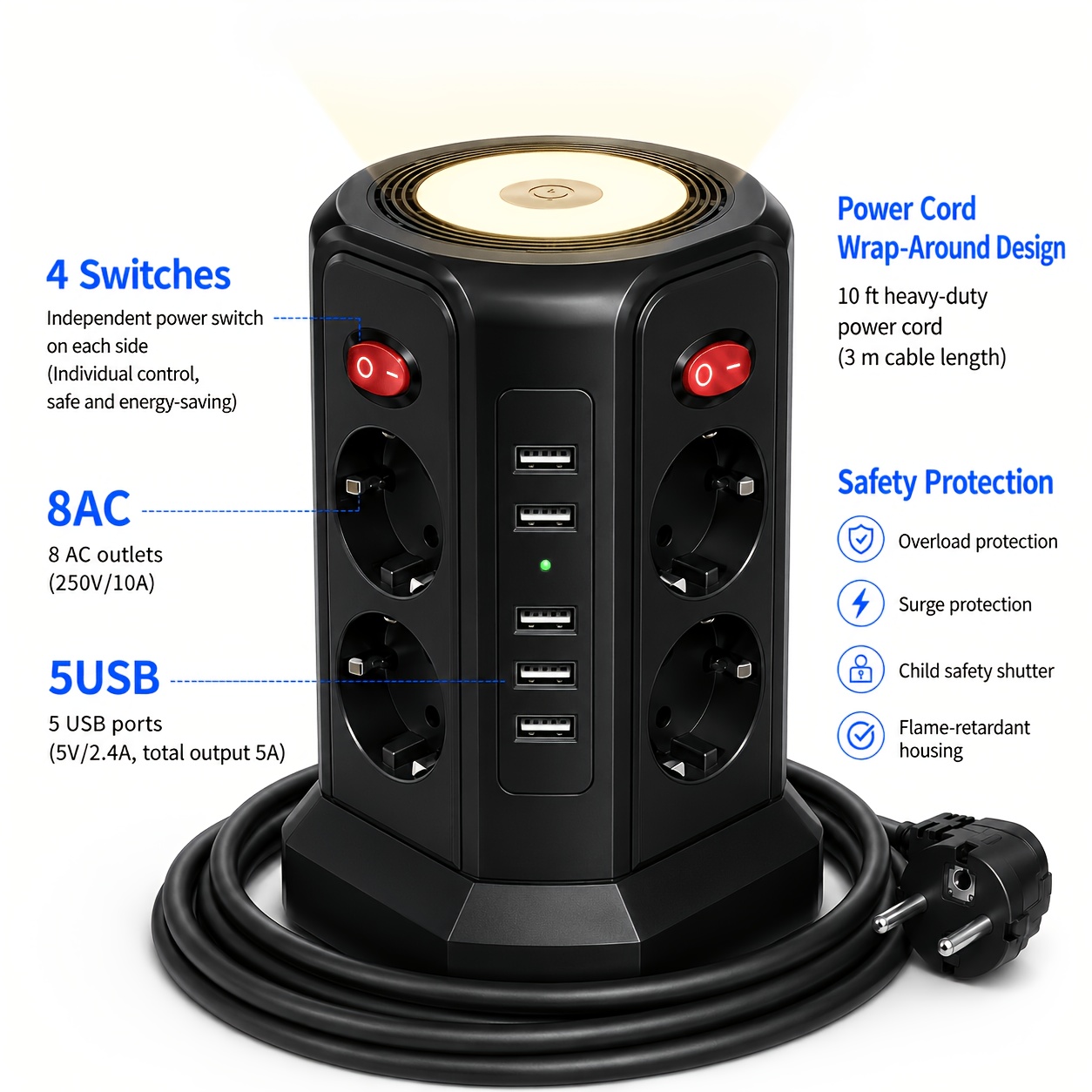 With 5 Usb, 8 Slot Multi-socket Voltage Protection, Socket With Switch, Extension Cable, Multi-socket Tower, For Home, Office