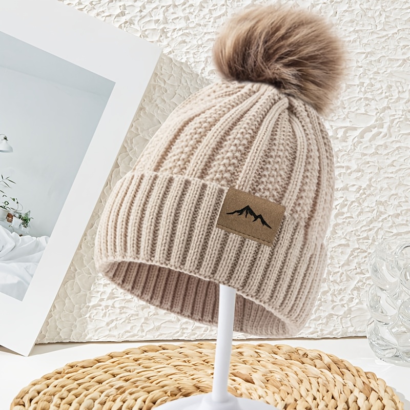 TEMU A Women's -style Logo Wheat Ear Ball-turned-up Brim Hat, A New Winter Women's Pullover Hat, A Thickened Warm Hat For Large Head Circumferences,