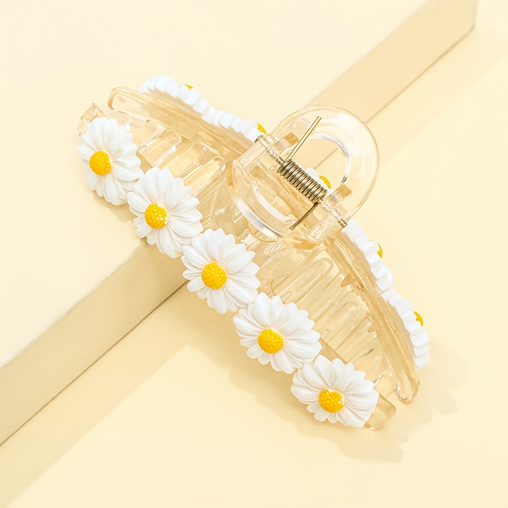 TEMU Daisy Flower Hair Clip For Women - Minimalist Rectangular Plastic Hairpin With Yellow Center, For Casual & Formal Hairstyles, Hair Accessories, Cute Accessory, Durable Hairpiece