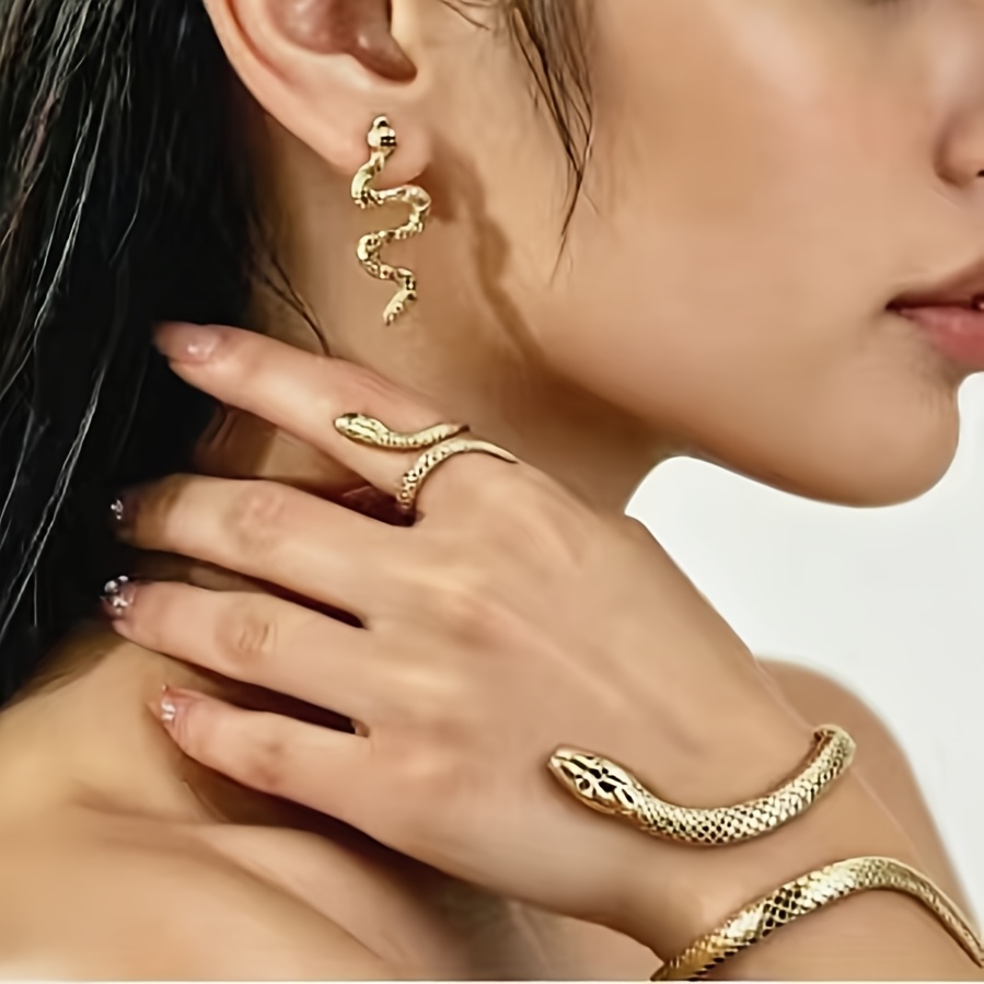 TEMU A Minimalist And Unique 4pcs Set Of Snake-shaped Bracelet, Ring, And Stud Earrings For Women