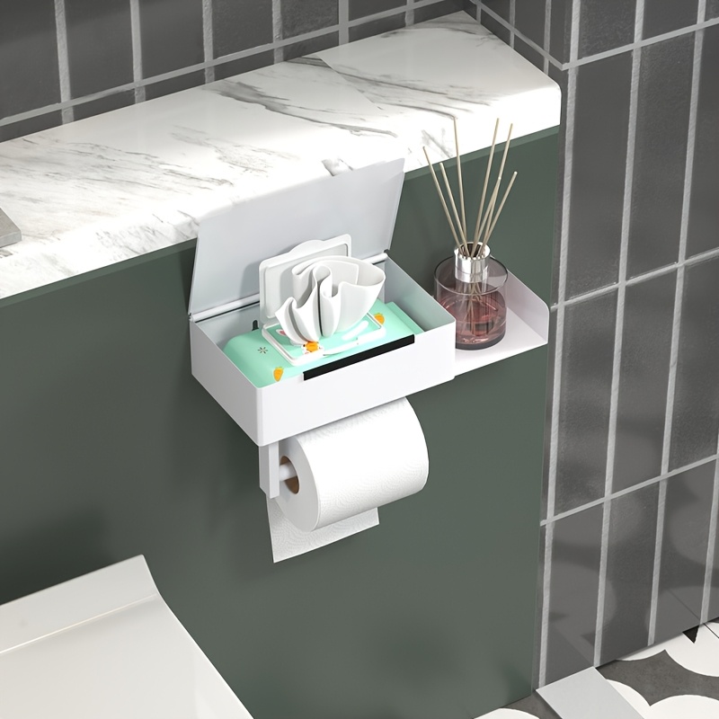 Image of Bathroom Tissue Box With Holder, Wall-mounted Drilled/non-drilled Roll Rack, Home Wet Wipe Box, Toilet Paper Holder, Toilet Paper Storage Phone Stand, Bathroom Additions