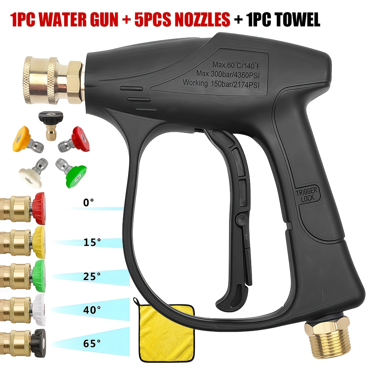 TEMU 6pcs Nozzle Water Gun With 5000psi High Pressure Metal Nozzles Quick Connect Multiple Mode Nozzles With 1pc Towel M22 - 14 Hose Connector 1/ 4