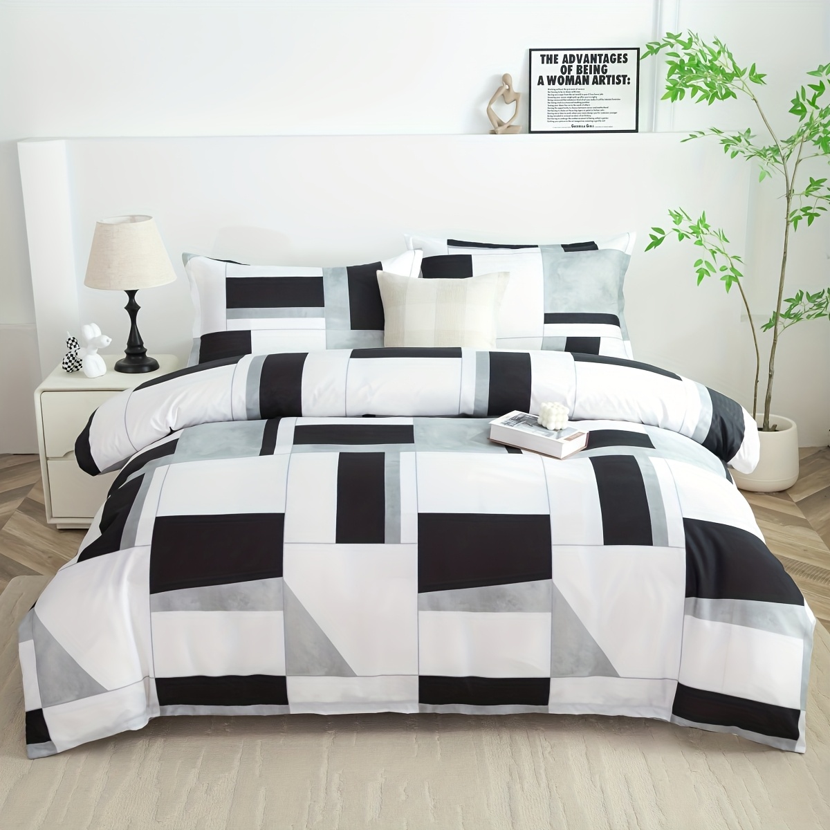Image of Rectangular Block Pattern Duvet Cover 3pcs Set: 1 Duvet Cover, 2 Pillowcases, No Insert. New Year, Chinese New Year, Valentine's Day, Mother's Day, Back To School