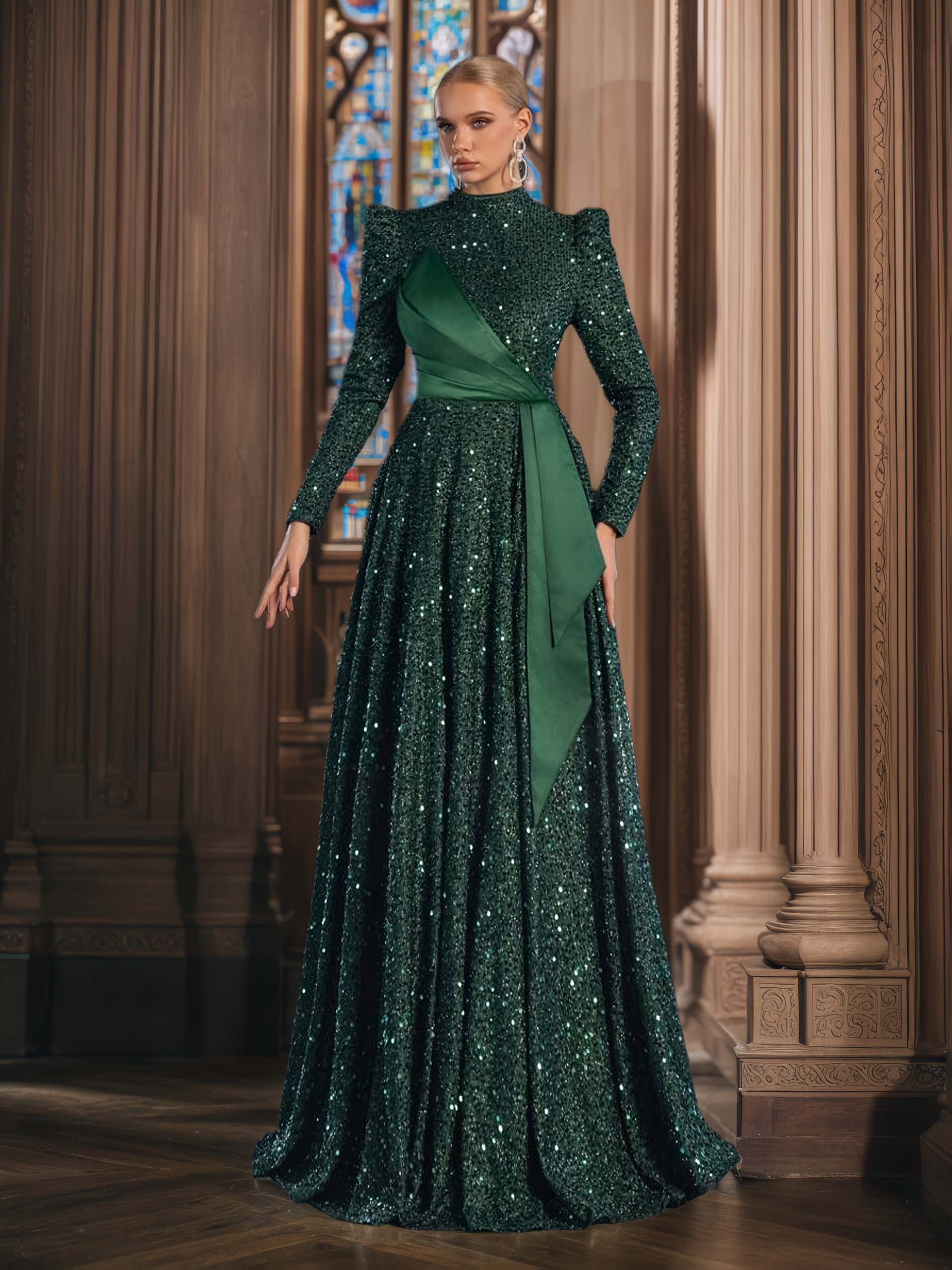 * Women's Elegant Long Sleeve High Neck A-Line Dress with Asymmetrical Hem  & Chest Puff Detail - Floor-Length Solid Color Party Dress for Formal Events