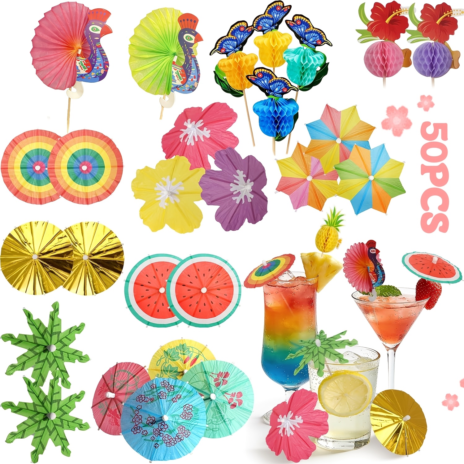 Image of 50pcs 10 Styles] Drink Umbrellas Bamboo Skewers Peacock Umbrellas Bamboo Skewers Suitable For Tropical Hawaiian Parties, Pool Parties, Beach Gatherings, Weddings, Birthdays, Carnivals
