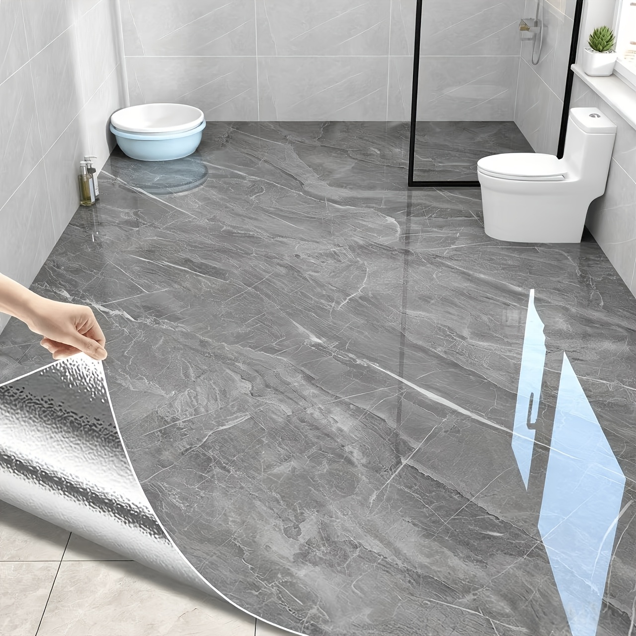 TEMU Self-adhesive Waterproof Wallpaper, Suitable For Bathroom, Glossy Floor And Wall Covering, Sticker, Suitable For Shower And Toilet