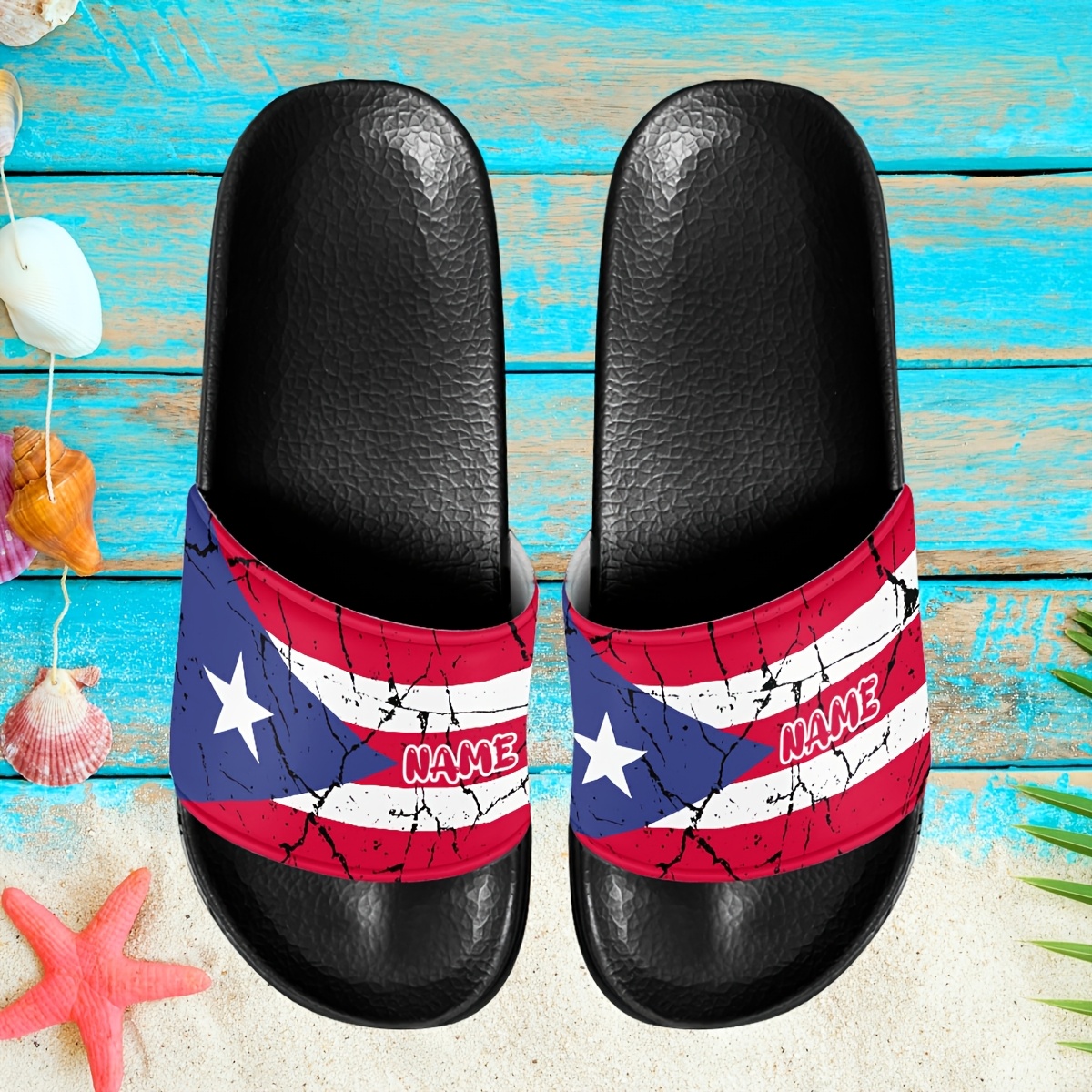 

Personalized Puerto Flag Slippers, Custom Name, Non-slip Eva Sole, Casual , Minimalist Geometric Pattern, Spring/summer Outdoor & Indoor Slip-on Shoes For