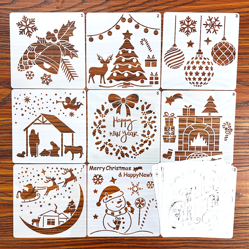 Image of [christmas Stencil Set] 12pcs Christmas Stencil Set For Crafts, Reusable Wooden Templates For Painting, Wall Art, Graffiti, Festive Creative Decoration, Plastic Stencils For Holiday Crafting