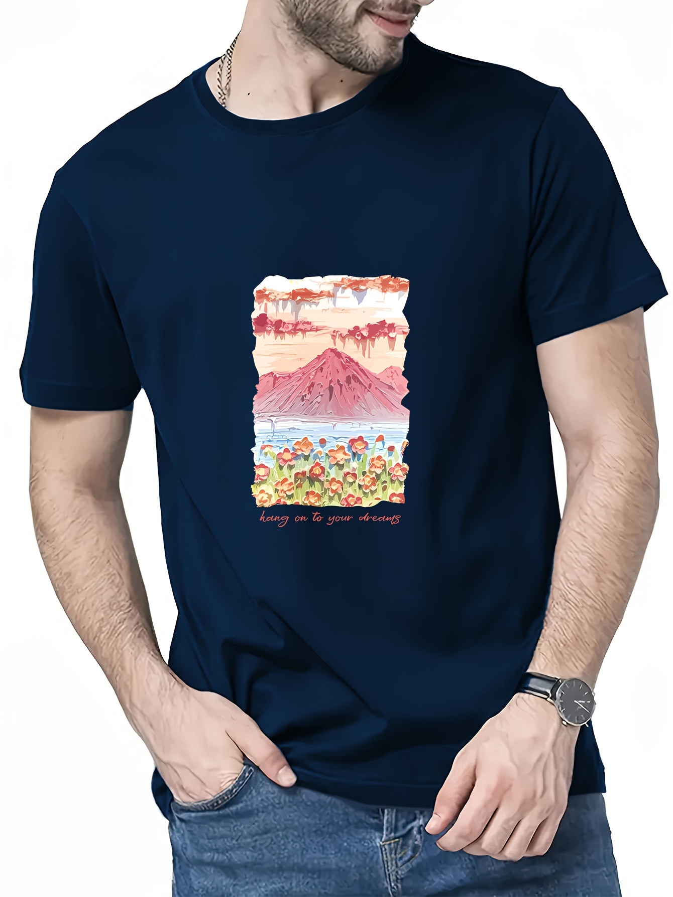 Men's Mountain Flower Graphic Print Short Sleeve T shirts Temu Canada