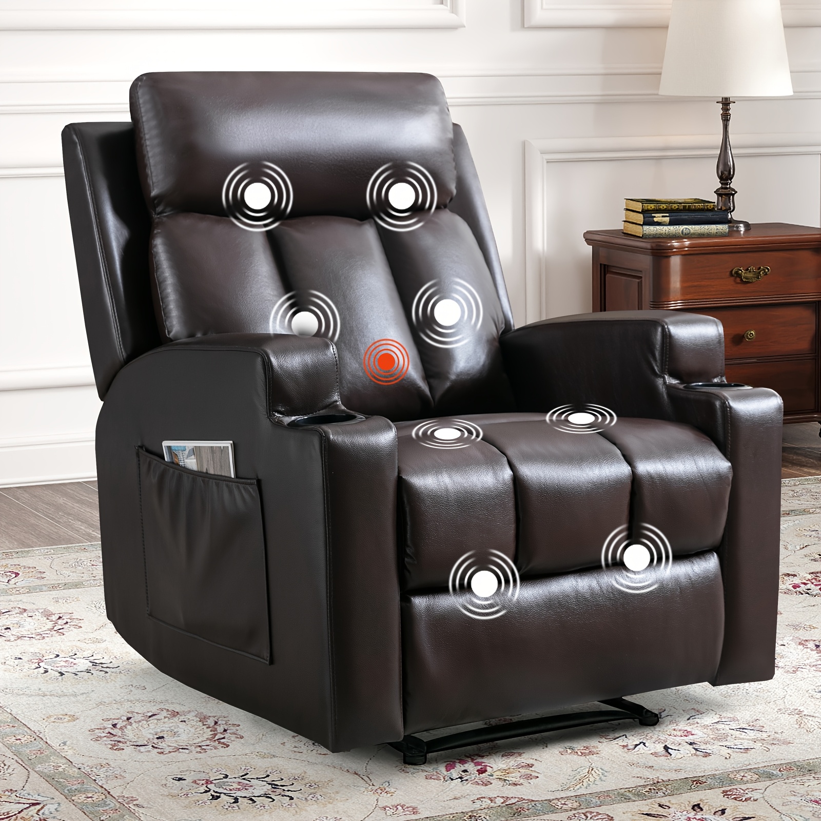 modern manual massage recliner with heating function ultra breathable fabric single seat sofa lounge chair with side pockets cup holders