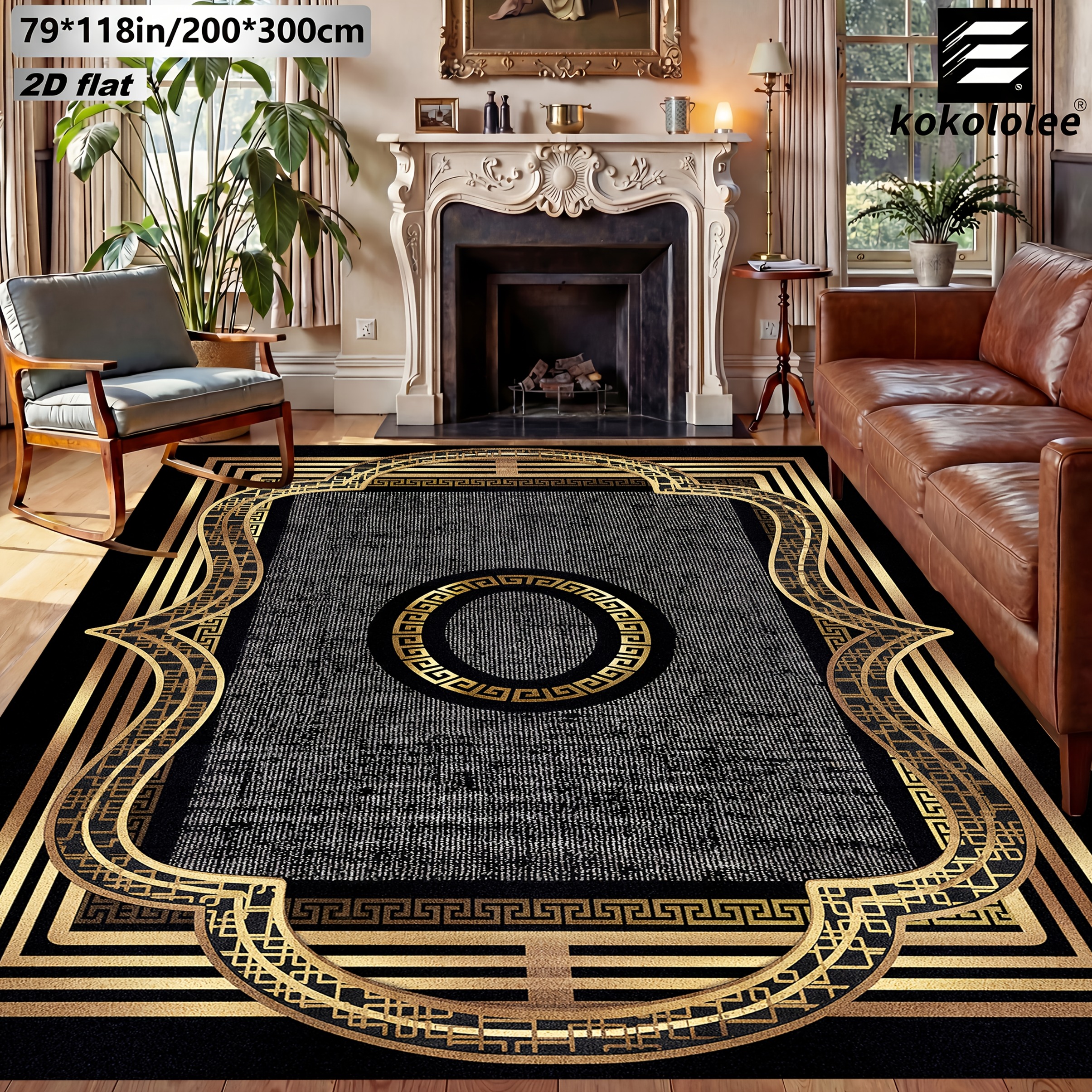 TEMU Velvet 1pc 2d Flat Kokololee Luxury Velvet Area Carpet - And Golden Geometric Greek Key Pattern Carpet, Non-slip Backing, Machine Washable, 100%
