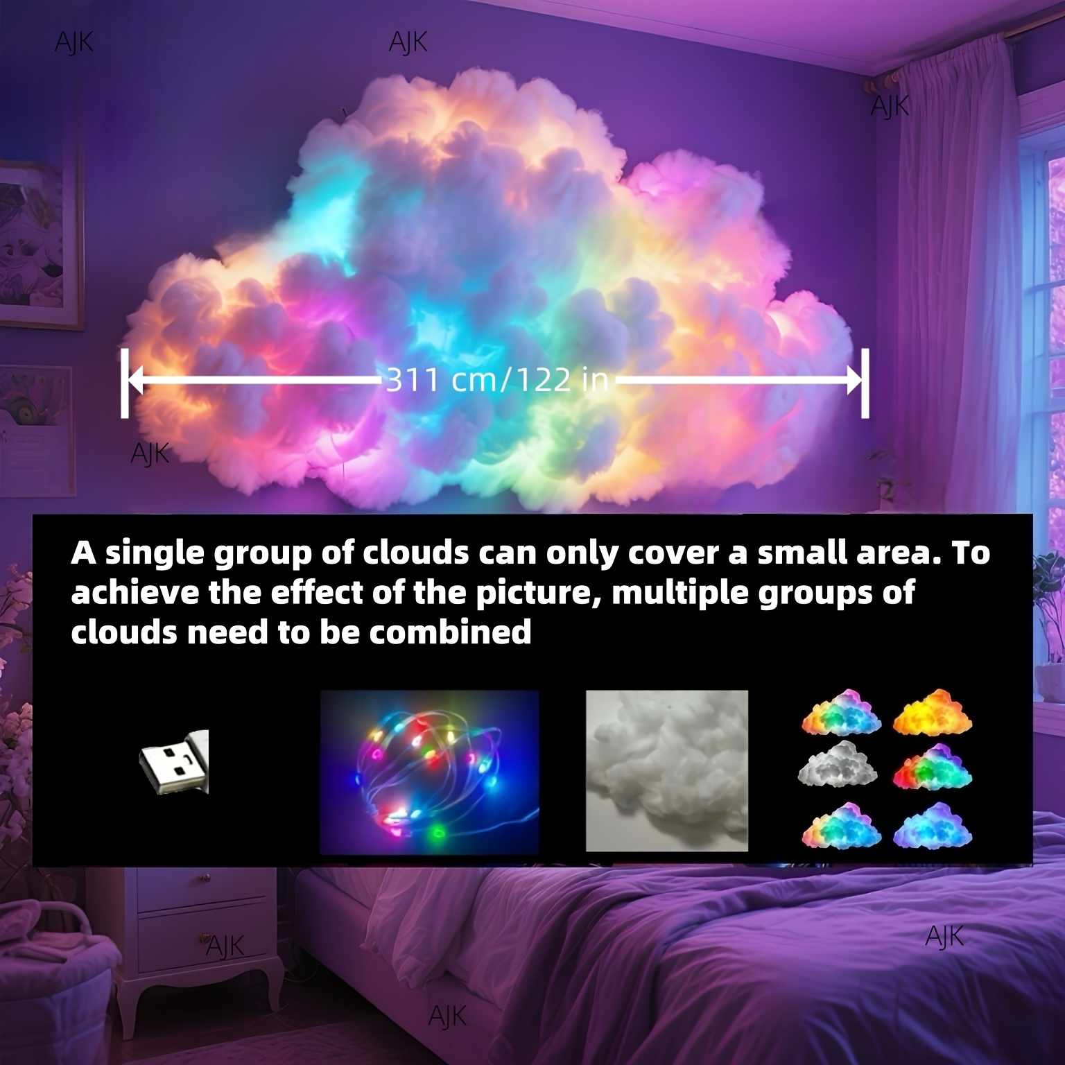 TEMU 3d Thunder Cloud Night Light | Smart Rgb Led Strip, Music Sync Mode, Color-changing | Usb Powered, Wall/ceiling Mount Sleek Curved Design, Mood
