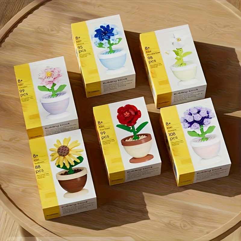 TEMU 6 Set Mini Flower Bonsai Building Toy, Potted Plant Blocks, Artificial Particle Flower Botanical, Bouquet Building Blocks, Flowers Ornaments,