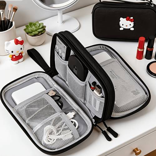 a cute series portable data cable and earphone storage bag anti drop and zipper closure large capacity double layer storage bag in black suitable for charging cable and power bank storage travel organizer bag
