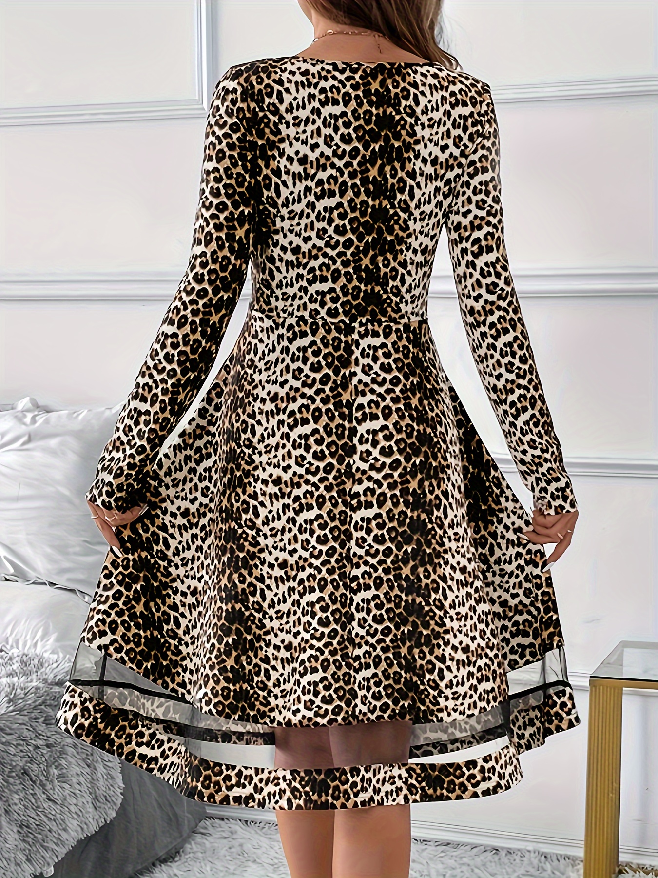 womens elegant square neck long sleeve a line leopard print Temu