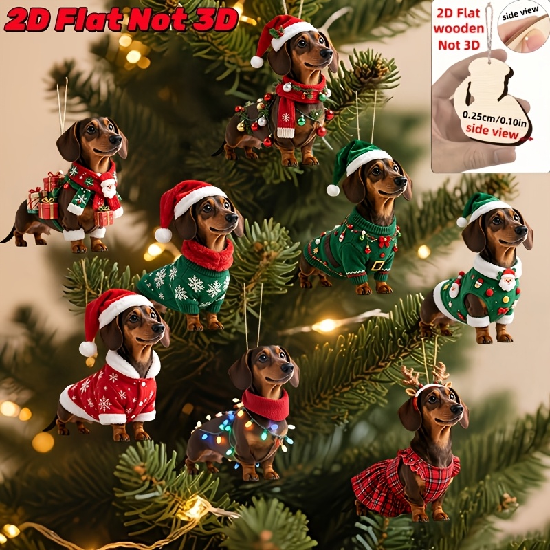 TEMU 2d Flat, 8pcs Set Of Christmas Dachshund Wooden Hanging Ornaments, Featuring Puppies In Different Christmas Outfits. Christmas Tree Ornaments,