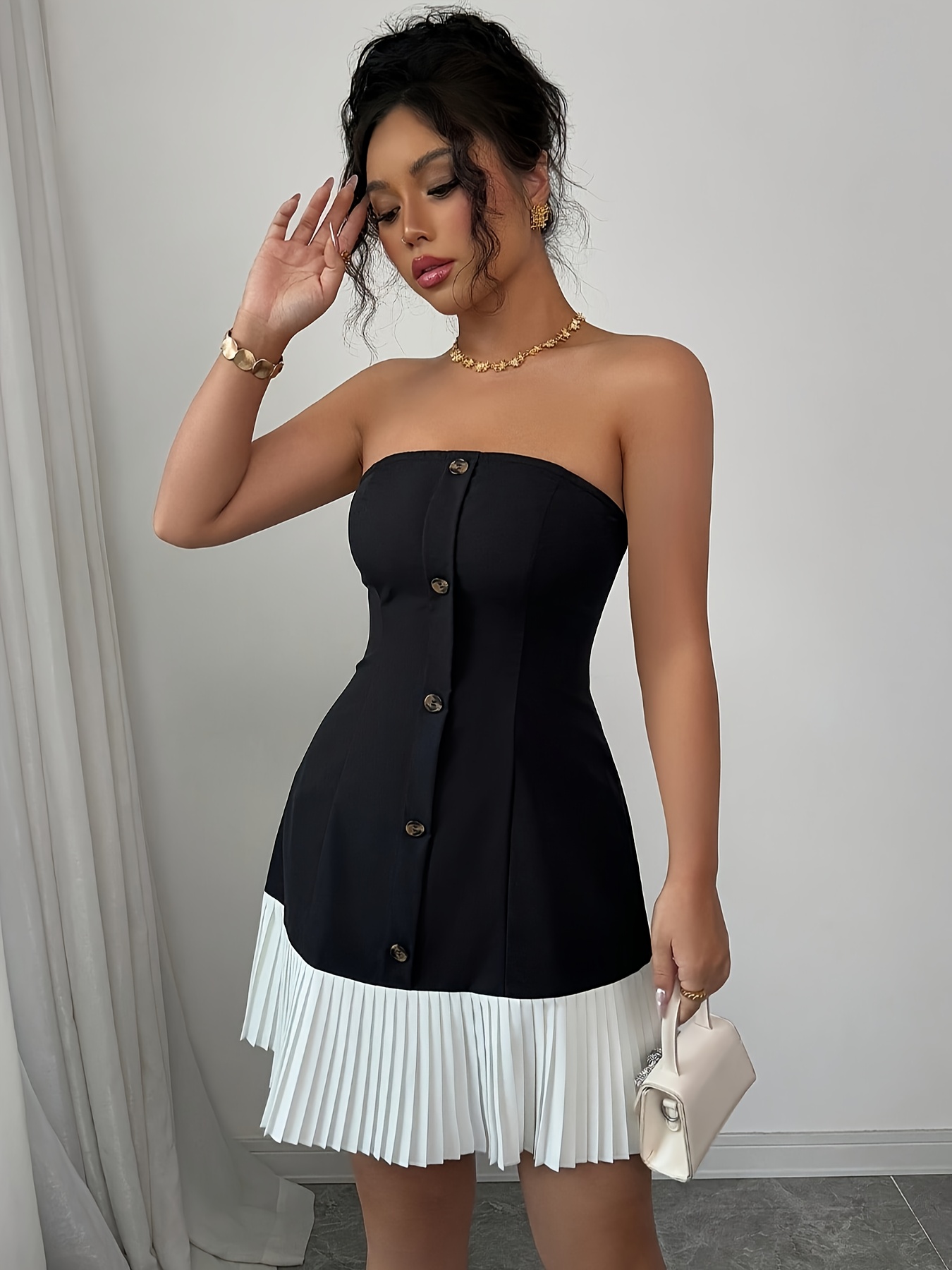 blue dress for baby girl Self-Portrait - Black Denim Bandeau Mini Dress
