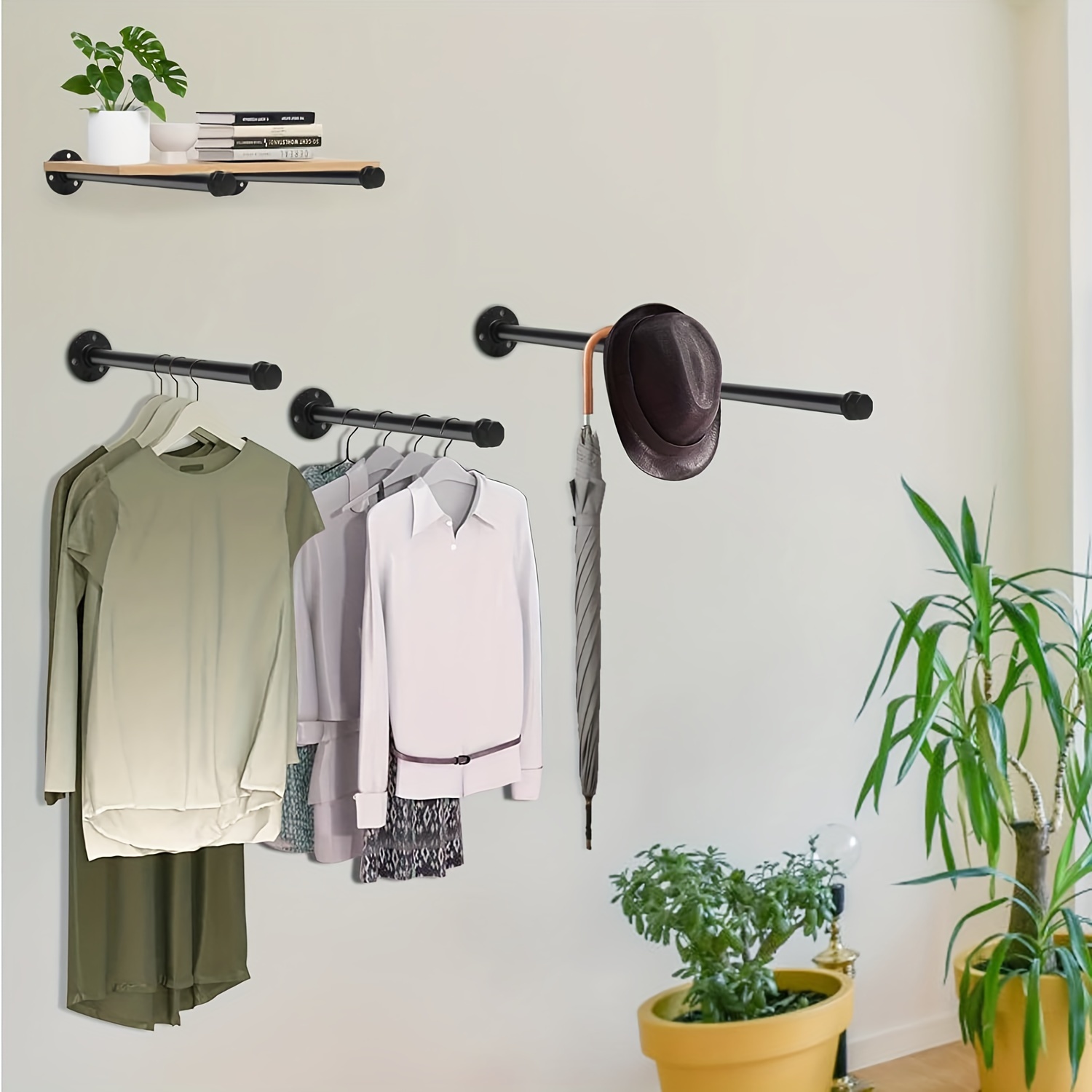 

4pcs Industrial Pipe Clothes Racks, Floating Shelf Brackets, Wall Mounted Garment Rods, Small Hanger For Home And Boutique Clothing Display, Ideal Home Supplies