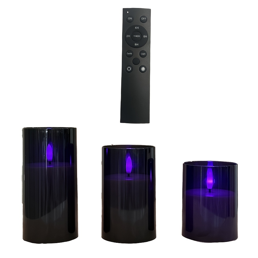 E-shop 3er-Pack polierte Acryl LED Kerzen | Schwarz-Lila Lichtdesign mit Fernbedienung für einstellbare Beleuchtung und Timer, blinkende Lichteffekte,