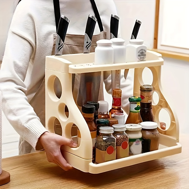 

1pc Space-saving Double-layer Kitchen Storage Rack - Pvc, Detachable With Cutouts, Ideal For Spices And Utensils Organization, Any Kitchen