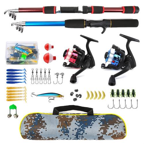An Ultra-Complete Fishing Gear Set, It 2 Fishing Rods, , 8 Straight Handle 1, 5M Blue Gun Handle, 2 Fishing Lines in Red And Blue, 1 Camouflage Tackle Bag, And of Accessories Including Soft Baits, Floats, And Hooks, The Equipment Is Rich And Colorful, Helping You Enjoy a Great Fishing Experience