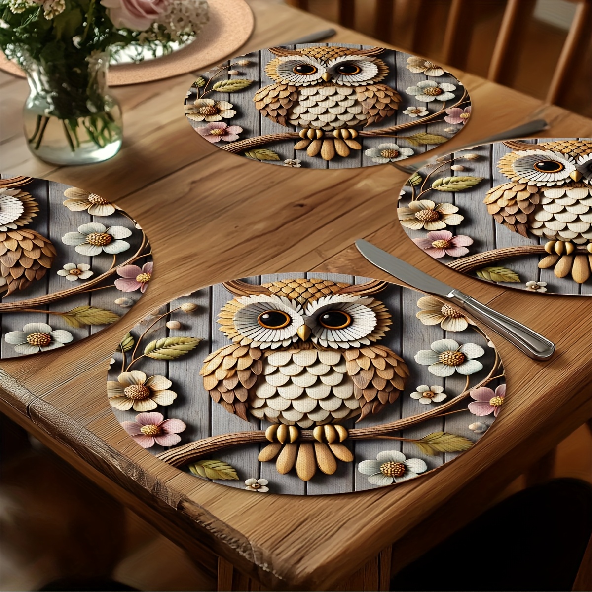 Image of 4pcs Farmhouse Owl Placemats For Dining Table Decor, Farmhouse Table Mats, For Holiday Decor, Tabletop, Scene, Party Decor, And Event Supplies