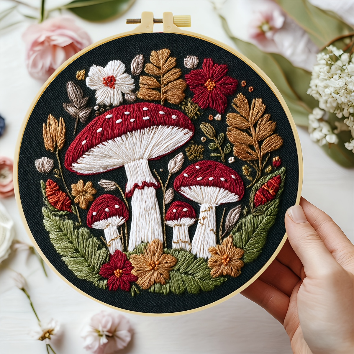 TEMU 1pc Embroidery Kit, 20x20cm/7.9x7.9 Inches, Forest Mushrooms, Handmade Embroidery Kit, Suitable For Adults And Beginners, Includes Embroidery