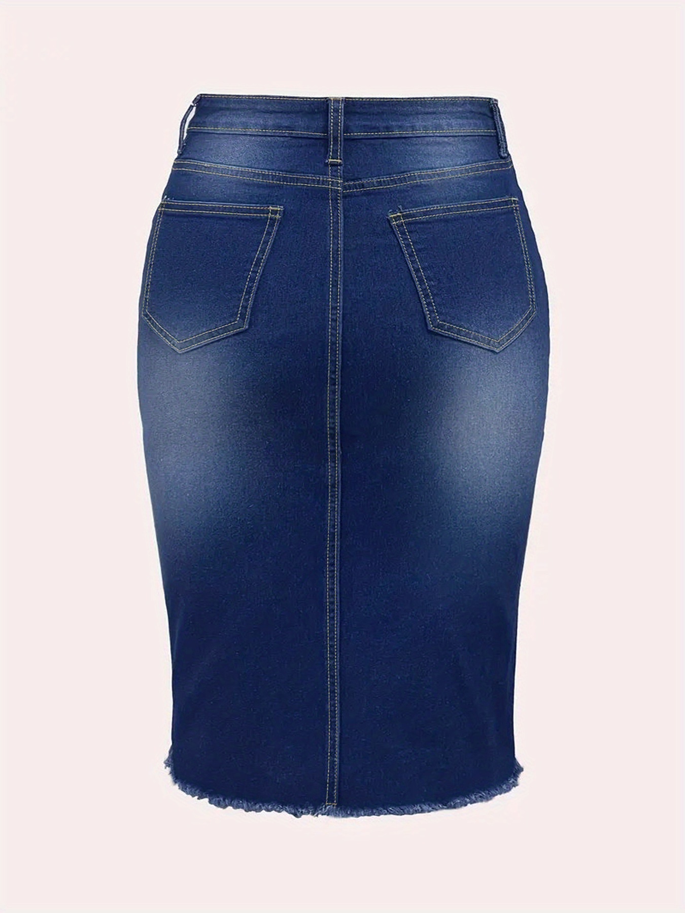 Plus Size Women'S High-Waisted Pencil Washed Solid Blue Denim Midi Skirt - Frayed Edges, Ripped Design, Slim-Fit, Retro Fashionable Street Style, Durable & Stylish, Suitable for Spring/Summer/Autumn & Daily Outings
