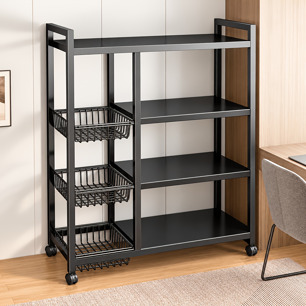 TEMU 4 Tier Heavy Duty Metal Kitchen Storage Rack With Wheels, Kitchen Trolley With 3 Removablebaskets, Kitchen Organiser For Fruit And Vegetable