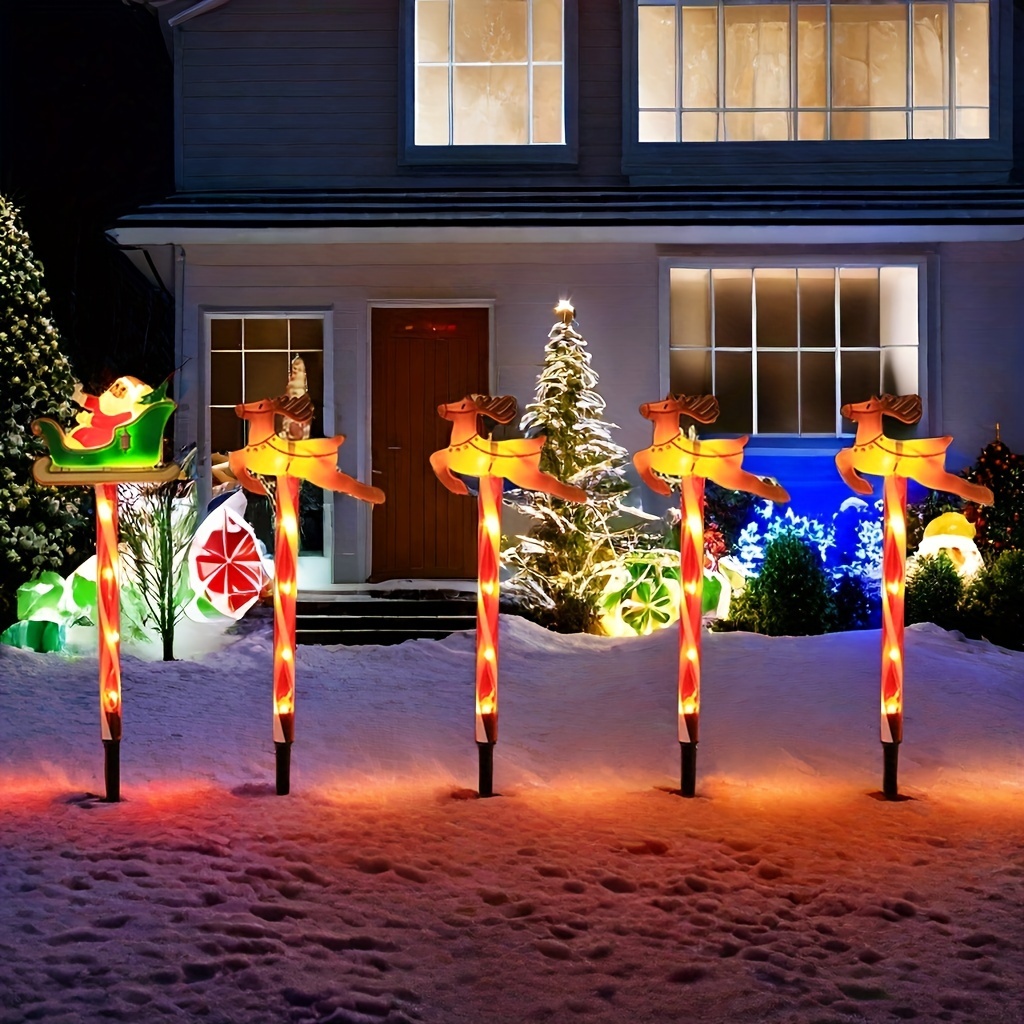 

5pcs Solar Christmas Garden Lights Set - Santa & Reindeer Design, Led Flashing Fairy Lights For Lawn And Garden, Ip44 Waterproof Outdoor Party Decor