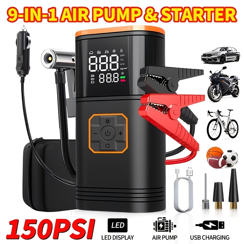 TEMU Car Jump Starter Kit With Built-in 150psi Tyre Inflator Air Compressor, Leads & Lcd Display, 3-mode Led Torch, Usb-c Fast Charging, Lithium